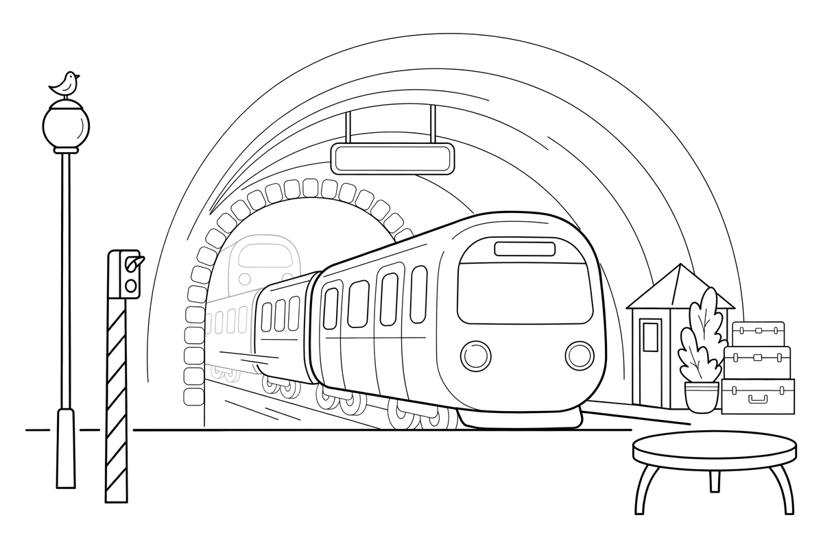 Metro traukinys išvažiuoja iš tunelio – traukinių spalvinimo paveiksliukas