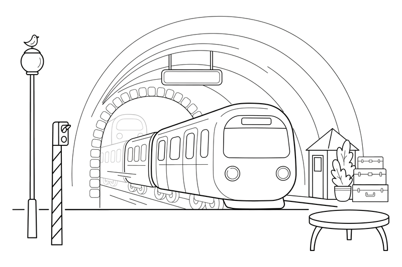 Metro traukinys išvažiuoja iš tunelio – traukinių spalvinimo paveiksliukas