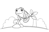 Chameleonas su didelėmis apvaliomis besisukiojančiomis akimis ant lapuotos šakelės – roplių ir varliagyvių spalvinimo paveiksliukas