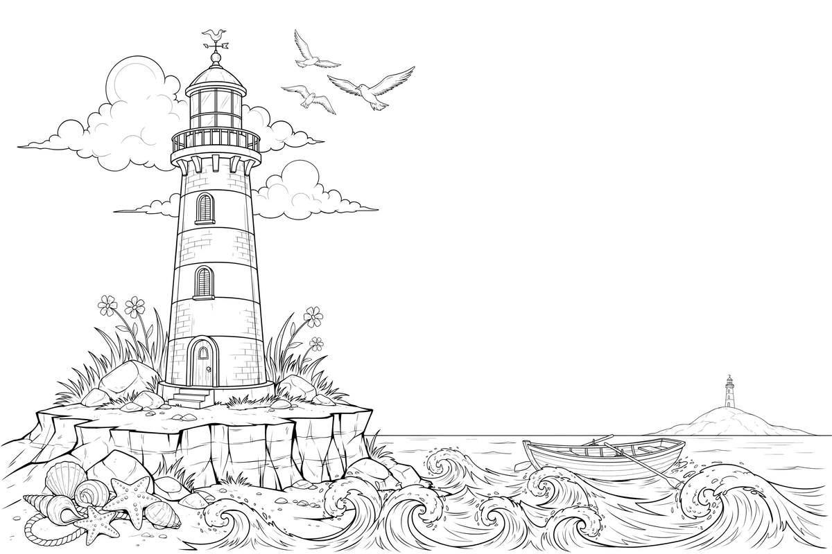 A tall lighthouse standing on a rocky shore – Lighthouse coloring page