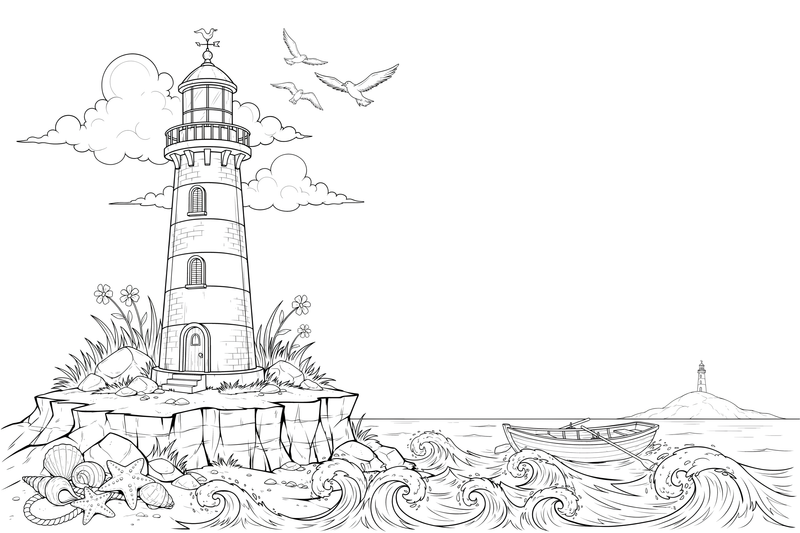 A tall lighthouse standing on a rocky shore – Lighthouse coloring page