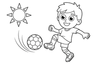 Berniukas spiria futbolo kamuolį – energingo futbolininko spalvinimo paveiksliukas