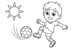 Berniukas spiria futbolo kamuolį – energingo futbolininko spalvinimo paveiksliukas