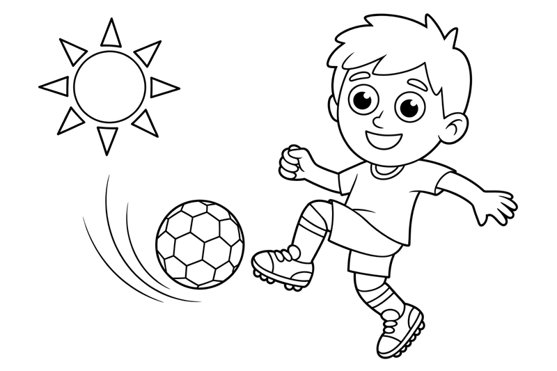 Berniukas spiria futbolo kamuolį – energingo futbolininko spalvinimo paveiksliukas