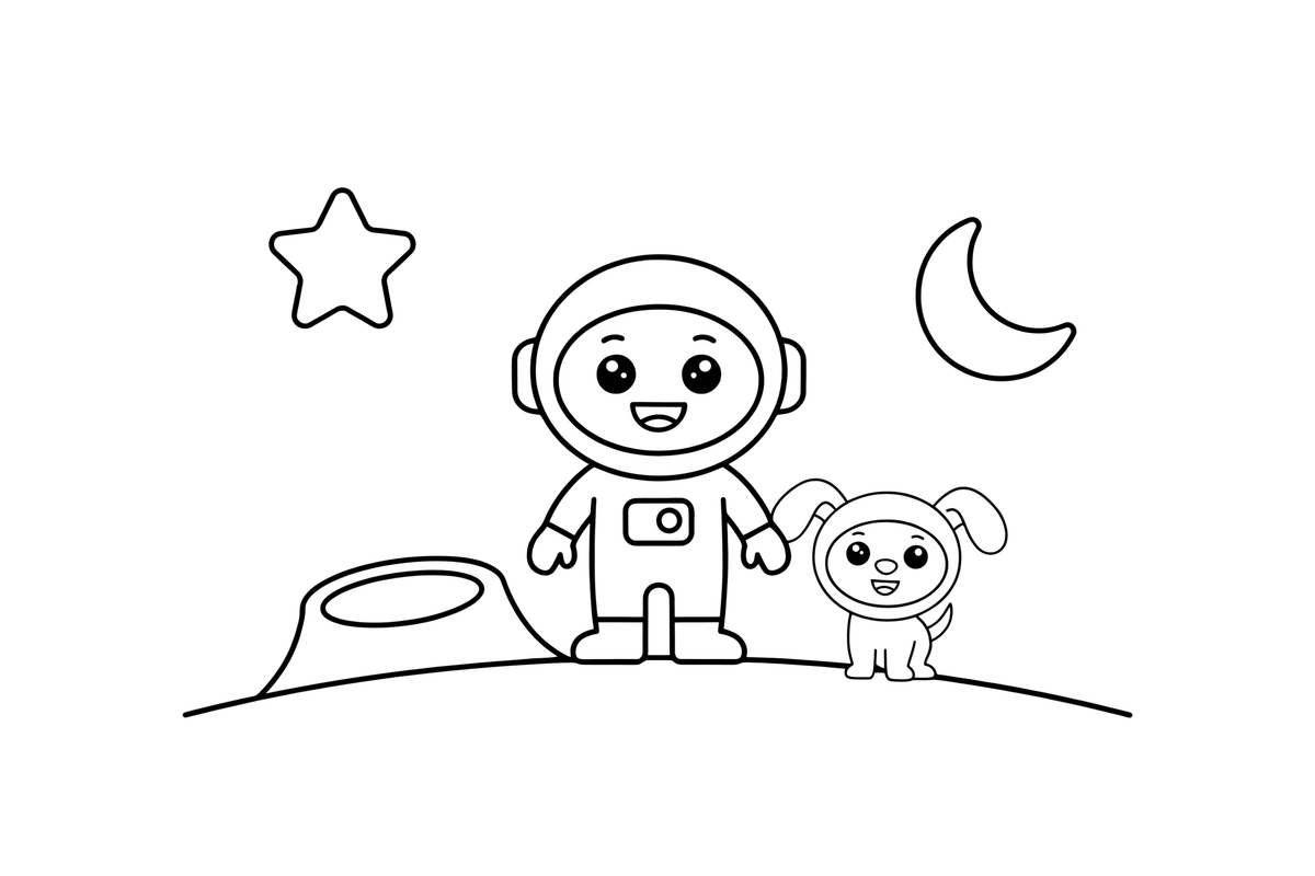 Astronautas su mažu šalmuotu kosminiu šuniuku – astronauto tyrinėtojo spalvinimo paveiksliukas