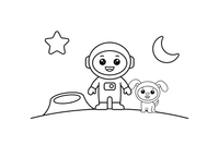 Astronautas su mažu šalmuotu kosminiu šuniuku – astronauto tyrinėtojo spalvinimo paveiksliukas
