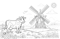 A windmill with a cow in the field – Windmill coloring page
