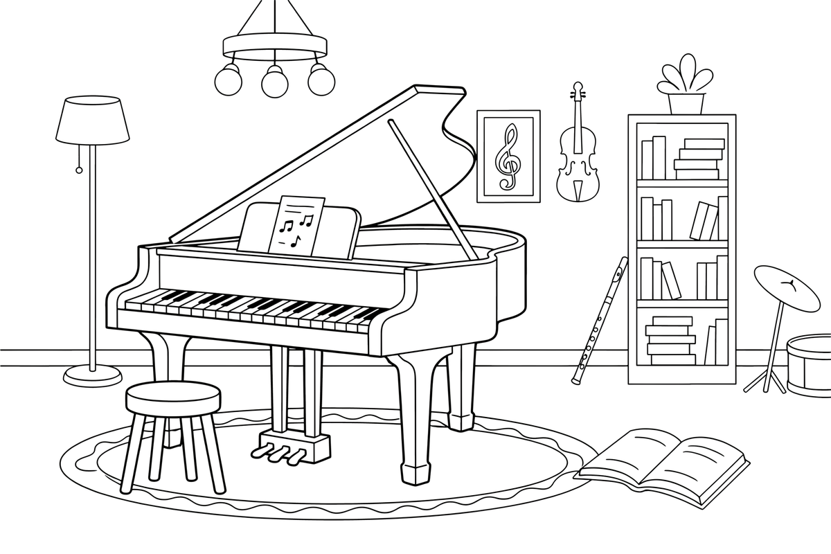Rojalis su atidarytu dangčiu – muzikos instrumentų spalvinimo paveiksliukas