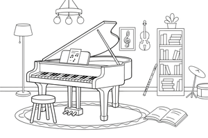 Rojalis su atidarytu dangčiu – muzikos instrumentų spalvinimo paveiksliukas