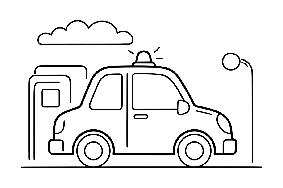 Policijos automobilis su mirksinčiais švyturėliais ant stogo – pagalbos tarnybų mašinų spalvinimo paveiksliukas