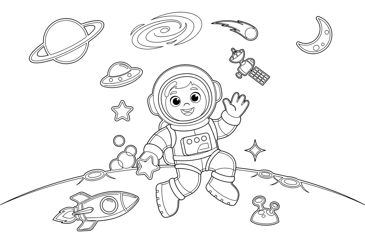 Astronautas sklando kosmose tarp žvaigždžių – astronauto spalvinimo paveiksliukas