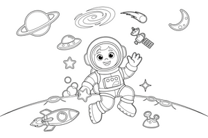 Astronautas sklando kosmose tarp žvaigždžių – astronauto spalvinimo paveiksliukas