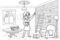 Bibliotekininkas su akiniais rodo į knygą aukštoje lentynoje, iš arti – jaukios bibliotekos spalvinimo paveiksliukas