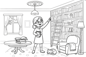 Bibliotekininkas su akiniais rodo į knygą aukštoje lentynoje, iš arti – jaukios bibliotekos spalvinimo paveiksliukas