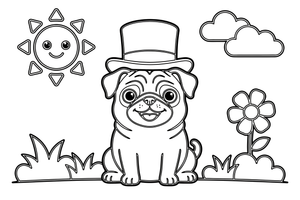 Mopsas su skrybėle – žaismingo mopso spalvinimo paveiksliukas
