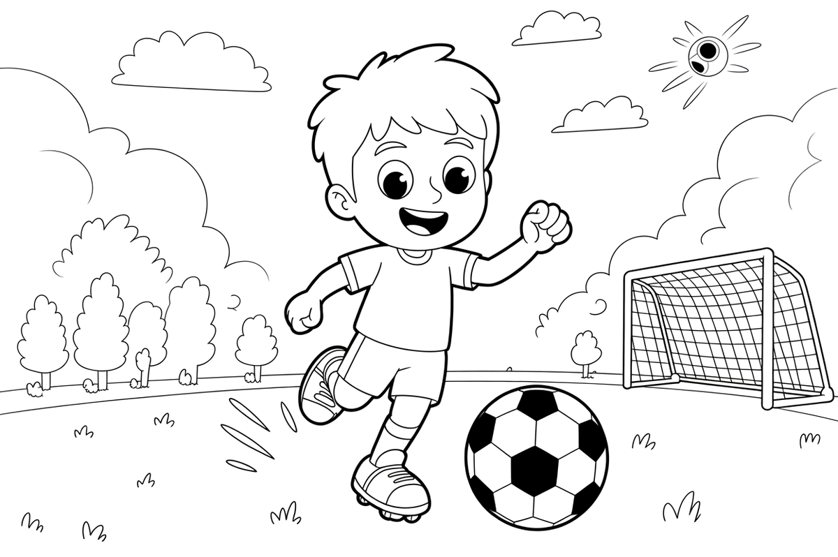 Berniukas spiria futbolo kamuolį – energingo futbolininko spalvinimo paveiksliukas