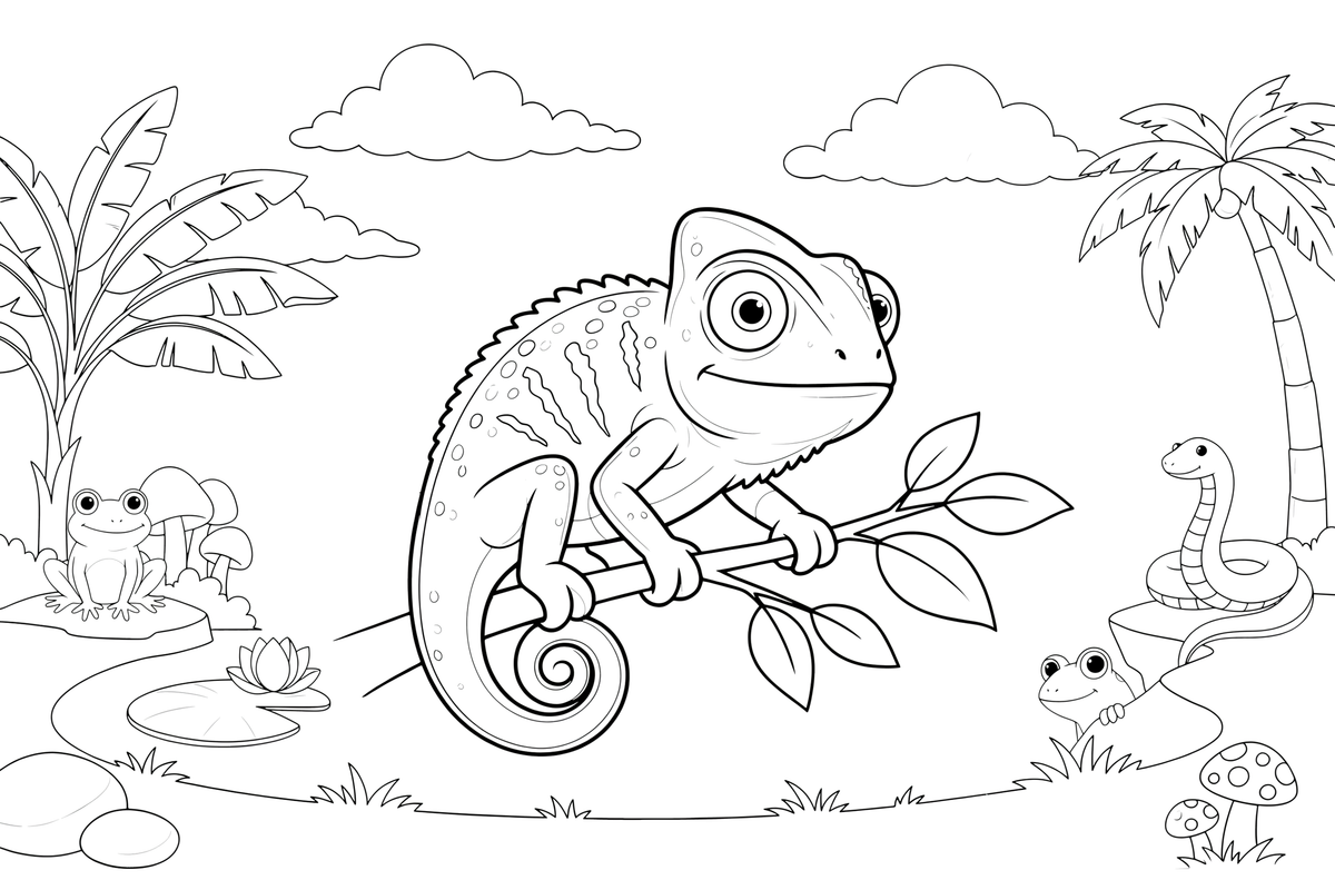 Chameleonas su didelėmis apvaliomis besisukiojančiomis akimis ant lapuotos šakelės – roplių ir varliagyvių spalvinimo paveiksliukas