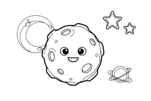 Vienas didelis gumbuotas asteroidas, nusėtas krateriais, iš arti – kosmoso objektų spalvinimo paveiksliukas