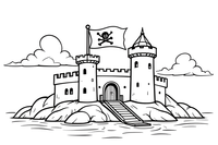 Piratų fortas su vėliava – piratų forto spalvinimo paveiksliukas
