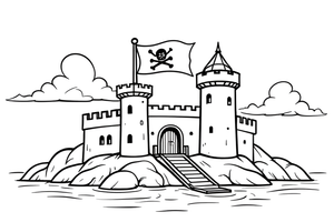 Piratų fortas su vėliava – piratų forto spalvinimo paveiksliukas