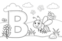 B – Raidė B su bite – abėcėlės su gyvūnais spalvinimo paveiksliukas