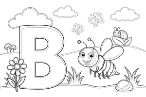 B – Raidė B su bite – abėcėlės su gyvūnais spalvinimo paveiksliukas