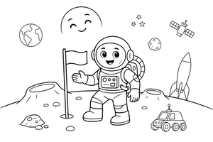 Astronautas smeigia vėliavą į mėnulio paviršių – mėnulio spalvinimo paveiksliukas