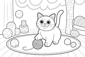 Ragdoll katė su siūlų kamuoliu – žaidžiančios Ragdoll katės spalvinimo paveiksliukas