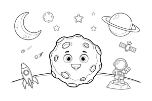 Vienas didelis gumbuotas asteroidas, nusėtas krateriais, iš arti – kosmoso objektų spalvinimo paveiksliukas