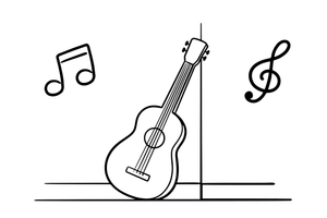 Akustinė gitara, atremta į sieną – muzikos instrumentų spalvinimo paveiksliukas