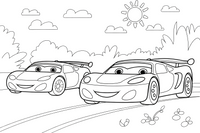Du sportiniai automobiliai lenktyniauja greta – sportinių automobilių spalvinimo paveiksliukas