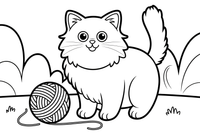 Ragdoll katė su siūlų kamuoliu – žaidžiančios Ragdoll katės spalvinimo paveiksliukas
