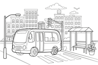Miesto autobusas stotelėje – miesto transporto spalvinimo paveiksliukas