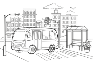 Miesto autobusas stotelėje – miesto transporto spalvinimo paveiksliukas