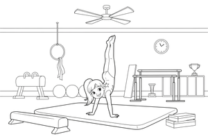 Gimnastas stovi ant rankų – gimnastikos spalvinimo paveiksliukas