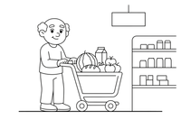 Senukas stumia pirkinių vežimėlį, pilną produktų – jaukios maisto parduotuvės spalvinimo paveiksliukas