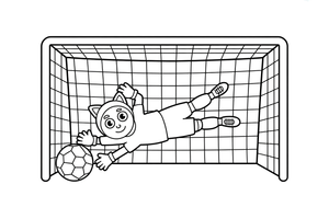 Vartininkas šuoliu gaudo kamuolį – energingo futbolininko spalvinimo paveiksliukas