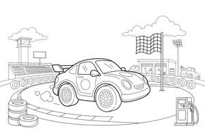 Lenktyninis automobilis lekia trasa link languotos vėliavos – įvairių automobilių spalvinimo paveiksliukas
