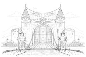 A castle gate with two guards – Castle coloring page