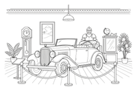 Senas retro automobilis už virvės muziejuje – muziejaus spalvinimo paveiksliukas