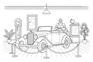 Senas retro automobilis už virvės muziejuje – muziejaus spalvinimo paveiksliukas