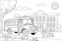 A school bus in front of the school – School coloring page