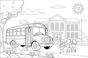 A school bus in front of the school – School coloring page