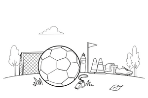 Vienas didelis futbolo kamuolys su paprastu raštu (tik kontūrai, be užpildo), iš arti – sporto inventoriaus spalvinimo paveiksliukas
