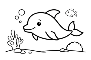 Delfinas plaukia prie koralų rifo – žaismingo delfino spalvinimo paveiksliukas