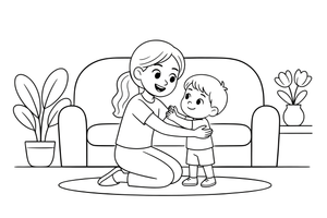 Mama apkabina savo vaiką – laimingos šeimos akimirkų spalvinimo paveiksliukas
