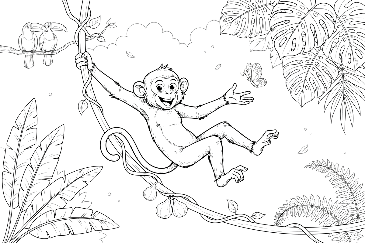 A monkey swinging on a vine – Monkey coloring page