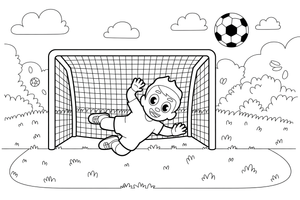 Vartininkas šuoliu gaudo kamuolį – energingo futbolininko spalvinimo paveiksliukas
