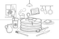Blynų krūvelė su sviesto gabalėliu viršuje – klasikinių pusryčių spalvinimo paveiksliukas