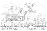 A farmhouse with a windmill nearby – Farmhouse coloring page